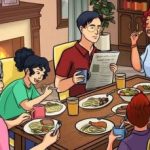 Im Bild eines Familienessens ist ein Fehler versteckt: nur wenige